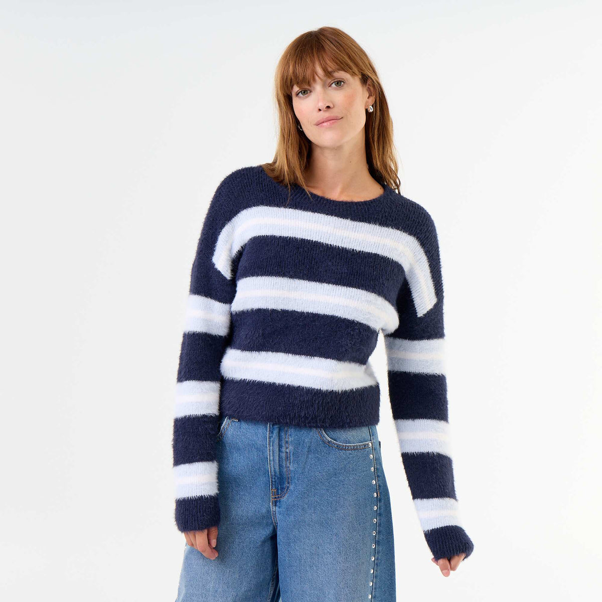 Fuzzy striped round-neck sweater BLUE