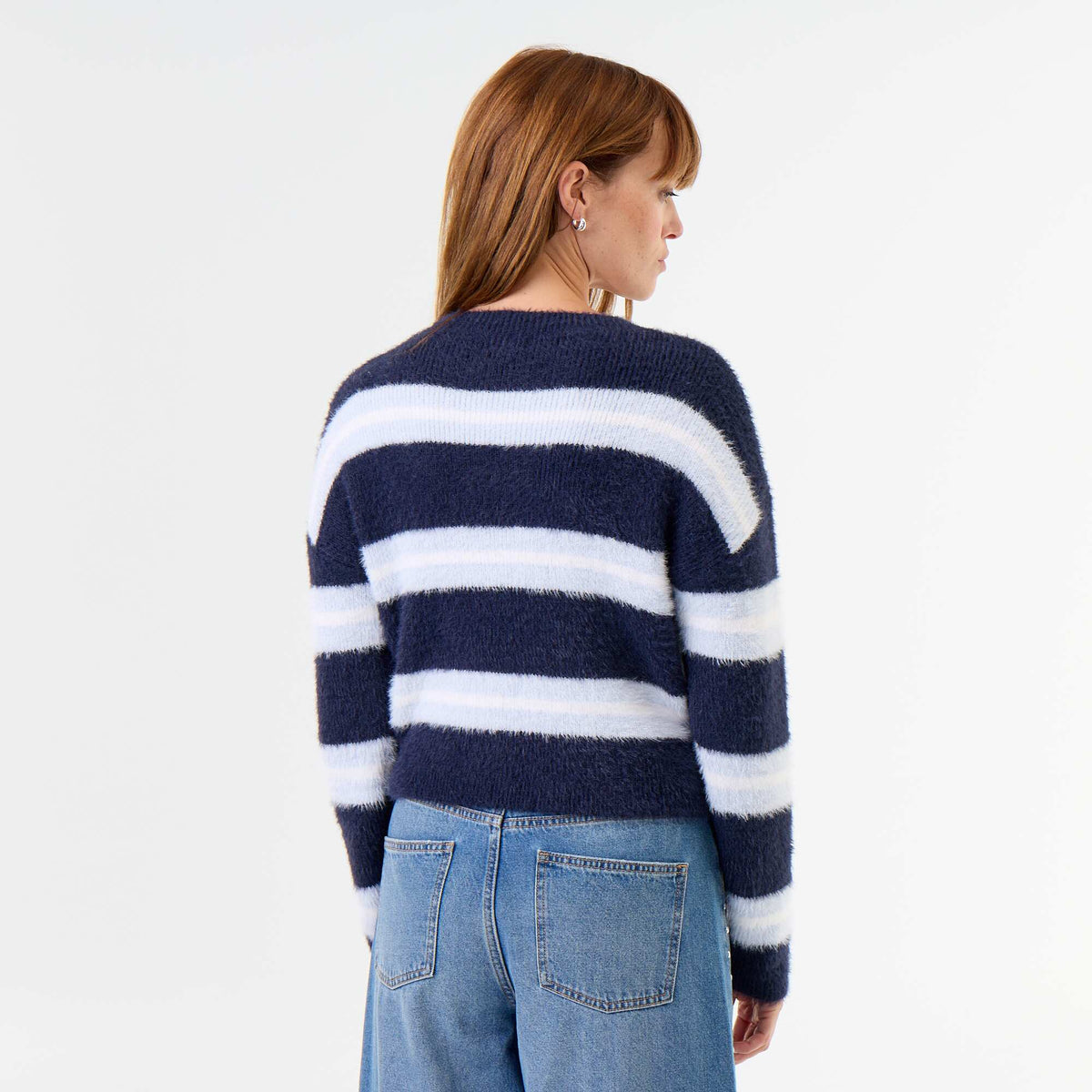 Fuzzy striped round-neck sweater BLUE
