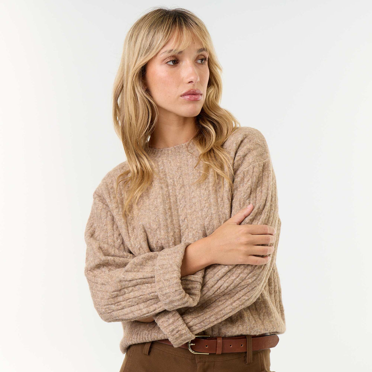 Cable Knit Round Neck Sweater BEIGE