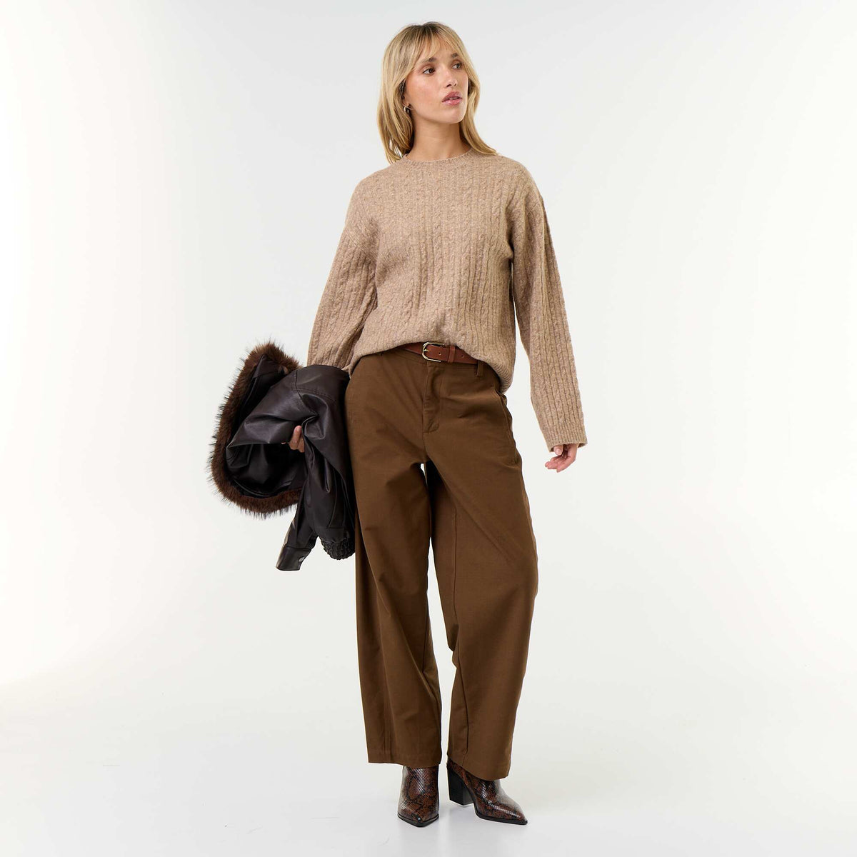 Cable Knit Round Neck Sweater BEIGE