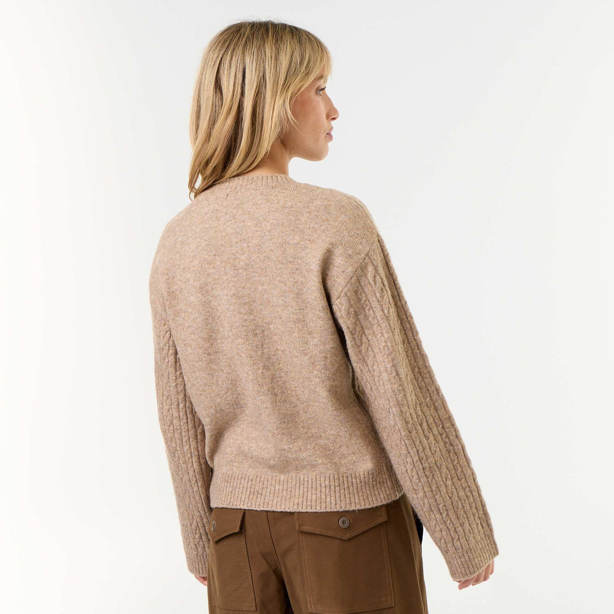 Cable Knit Round Neck Sweater BEIGE