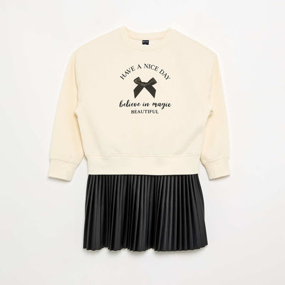 2-in-1 Sweatshirt Dress with Pleated Skirt ECRU