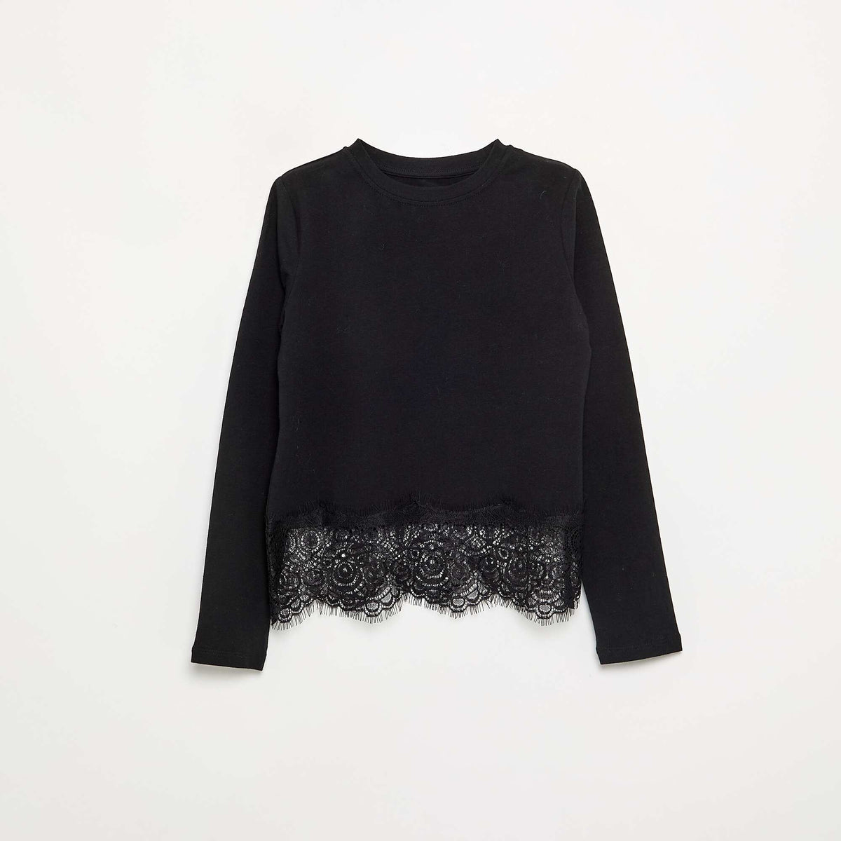 Long-sleeved T-shirt with lace trim hem BLACK