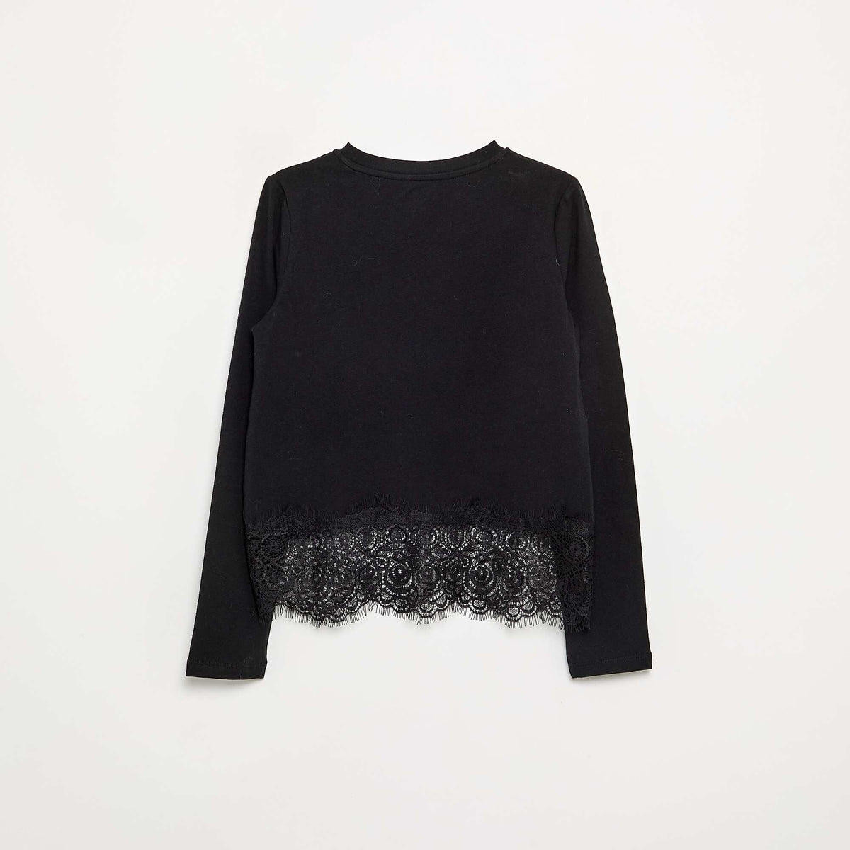 Long-sleeved T-shirt with lace trim hem BLACK
