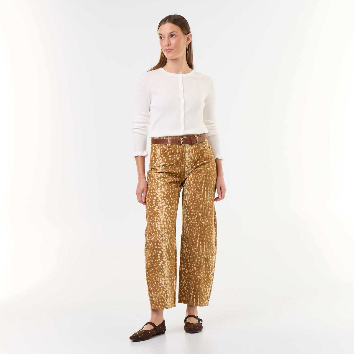 Patterned Wide-Leg Denim Pants BEIGE