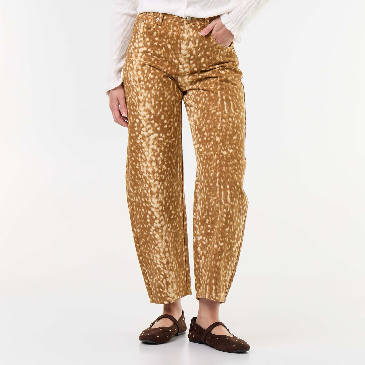 Patterned Wide-Leg Denim Pants BEIGE