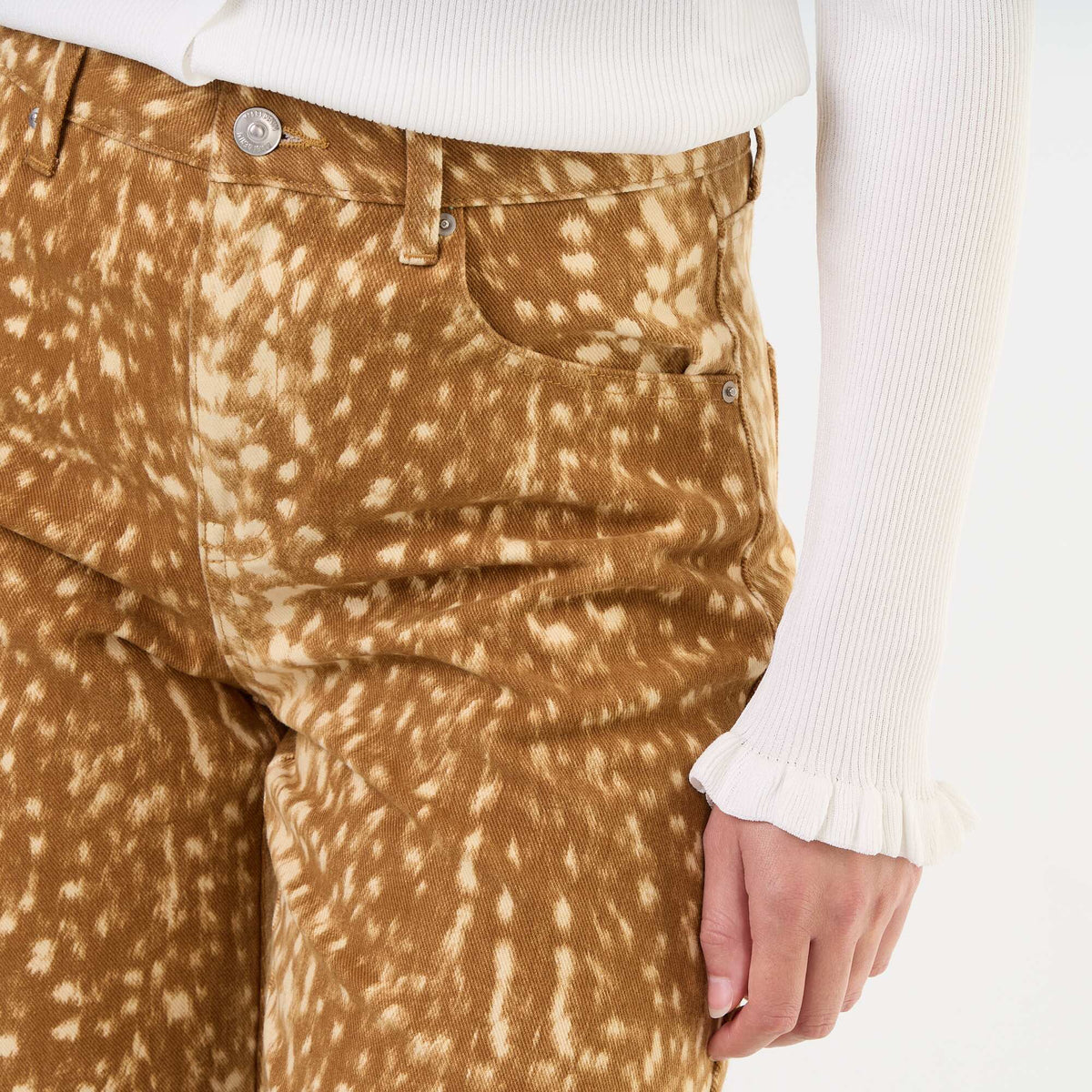 Patterned Wide-Leg Denim Pants BEIGE