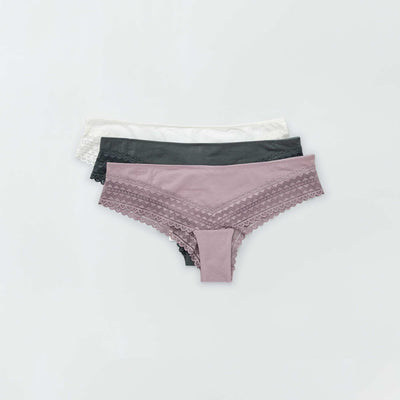 Pack of 3 pairs of cotton and lace Brazilian briefs grey pink
