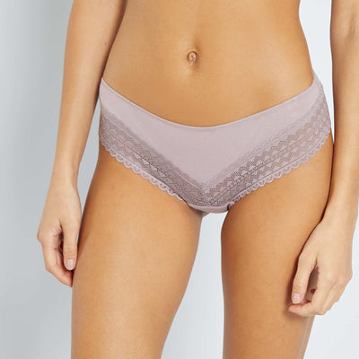 Pack of 3 pairs of cotton and lace Brazilian briefs grey pink
